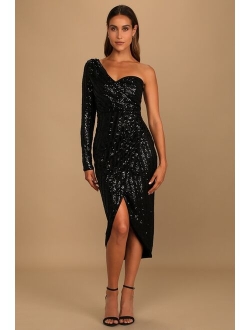 Elegant Occasion Silver Sequin One-Shoulder Midi Dress