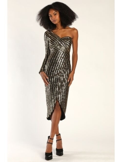 Elegant Occasion Silver Sequin One-Shoulder Midi Dress