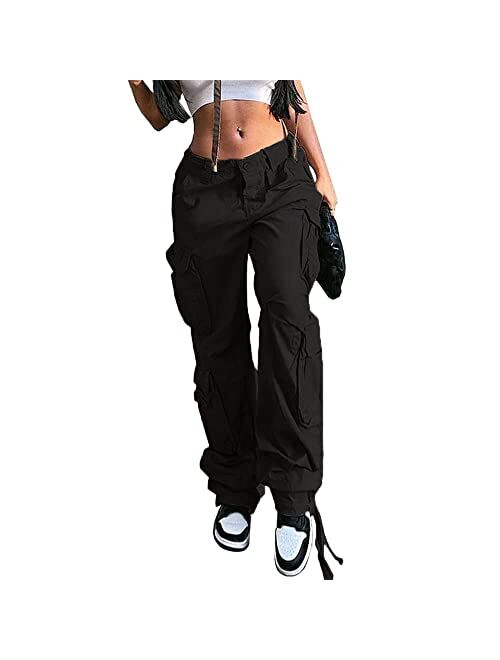 QYANGG Baggy Cargo Pants Women High Waist Pants for Women Loose Pocket Jogger Straight Wide Leg Y2K Cargo Pants