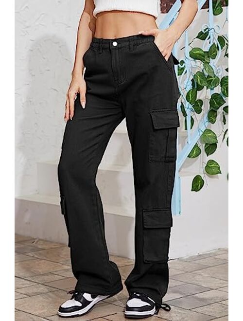 QYANGG Baggy Cargo Pants Women High Waist Pants for Women Loose Pocket Jogger Straight Wide Leg Y2K Cargo Pants