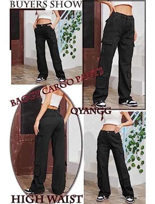 QYANGG Baggy Cargo Pants Women High Waist Pants for Women Loose Pocket Jogger Straight Wide Leg Y2K Cargo Pants