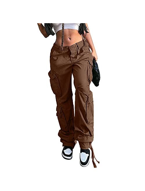 QYANGG Baggy Cargo Pants Women High Waist Pants for Women Loose Pocket Jogger Straight Wide Leg Y2K Cargo Pants