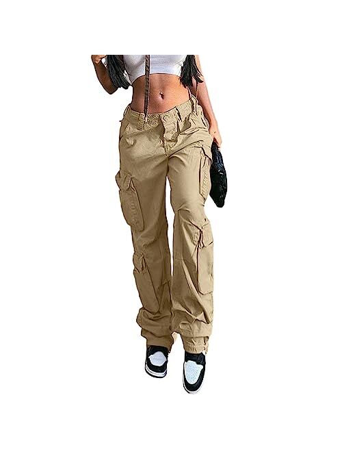 QYANGG Baggy Cargo Pants Women High Waist Pants for Women Loose Pocket Jogger Straight Wide Leg Y2K Cargo Pants