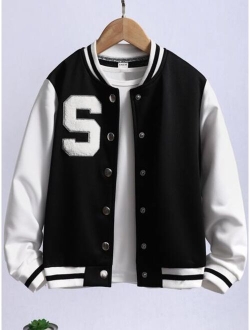 Shein Tween Girl Letter Patched Striped Trim Varsity Jacket Without Tee