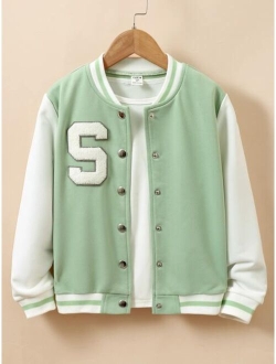 Shein Tween Girl Letter Patched Striped Trim Varsity Jacket Without Tee