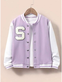 Shein Tween Girl Letter Patched Striped Trim Varsity Jacket Without Tee