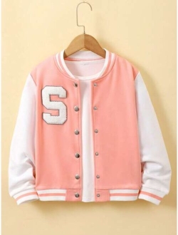 Shein Tween Girl Letter Patched Striped Trim Varsity Jacket Without Tee