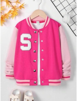 Shein Tween Girl Letter Patched Striped Trim Varsity Jacket Without Tee