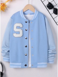 Shein Tween Girl Letter Patched Striped Trim Varsity Jacket Without Tee