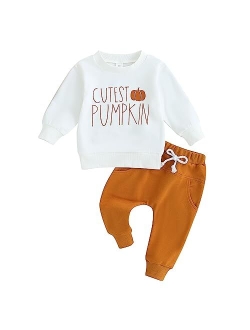 Lucikamy Toddler Baby Boy Halloween Outfit Long Sleeve Ghost/Pumpkin Sweatshirt Tops Elastic Pants 2PCS Fall Winter Clothes