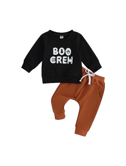 Lucikamy Toddler Baby Boy Halloween Outfit Long Sleeve Ghost/Pumpkin Sweatshirt Tops Elastic Pants 2PCS Fall Winter Clothes