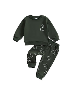 Lucikamy Toddler Baby Boy Halloween Outfit Long Sleeve Ghost/Pumpkin Sweatshirt Tops Elastic Pants 2PCS Fall Winter Clothes