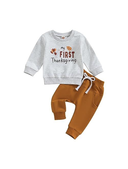 Lucikamy Toddler Baby Boy Halloween Outfit Long Sleeve Ghost/Pumpkin Sweatshirt Tops Elastic Pants 2PCS Fall Winter Clothes