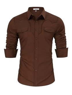 TURETRENDY Men's Western Cowboy Shirt Long Sleeve Embroidered Slim Fit Casual Button Down Shirts with Pockets