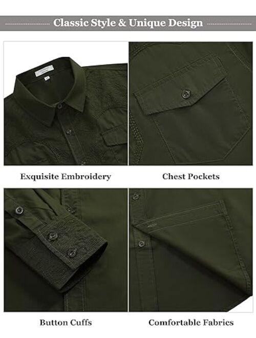 TURETRENDY Men's Western Cowboy Shirt Long Sleeve Embroidered Slim Fit Casual Button Down Shirts with Pockets