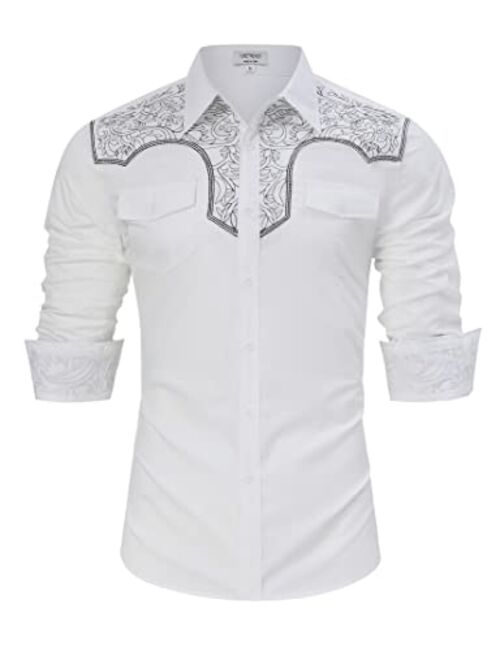 TURETRENDY Men's Western Cowboy Shirt Long Sleeve Embroidered Slim Fit Casual Button Down Shirts with Pockets