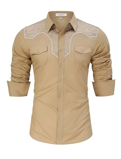 TURETRENDY Men's Western Cowboy Shirt Long Sleeve Embroidered Slim Fit Casual Button Down Shirts with Pockets