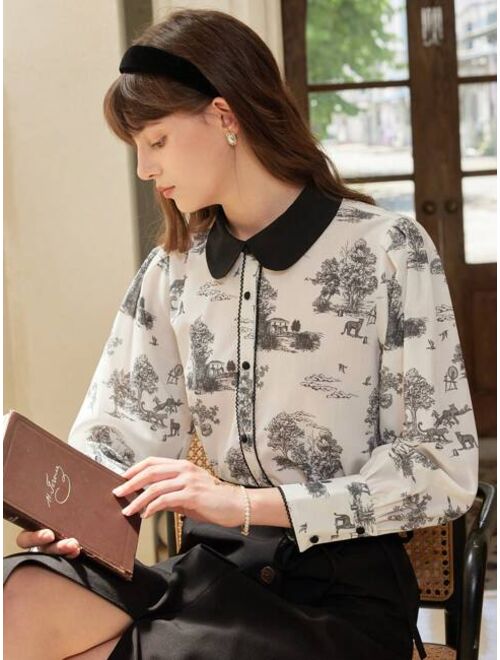 Simple Retro Landscape Print Contrast Collar Shirt