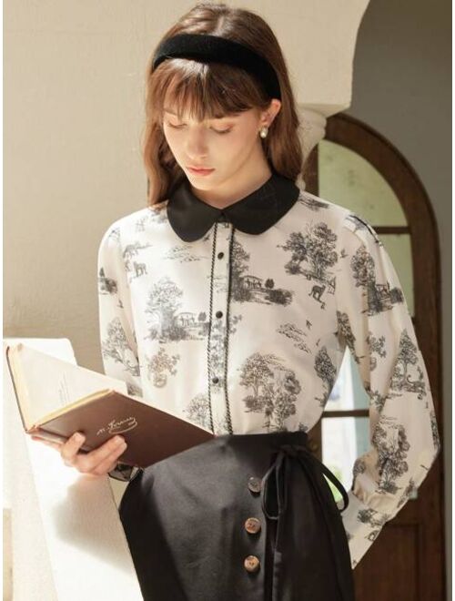 Simple Retro Landscape Print Contrast Collar Shirt