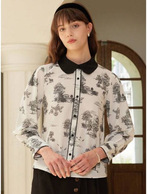 Simple Retro Landscape Print Contrast Collar Shirt