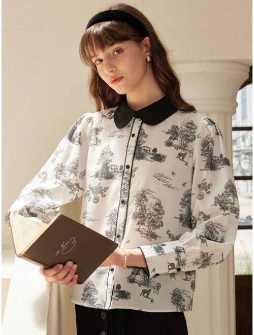 Simple Retro Landscape Print Contrast Collar Shirt