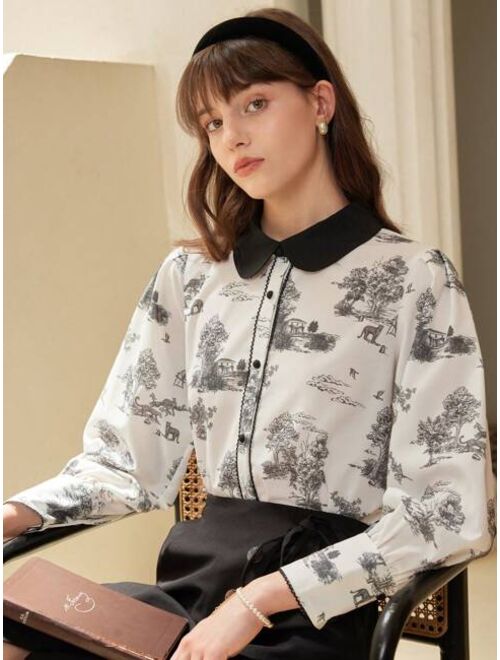 Simple Retro Landscape Print Contrast Collar Shirt