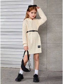 Tween Girl Letter Patched Detail Hooded Drop Shoulder Cable Knit Hooded Dress Without Belt