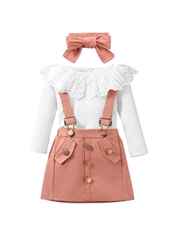 Weixinbuy Toddler Fall Outfits for Girls Ruffle Long Sleeve Ribbed T-Shirt Top+Suspender Skirt+Headband 3Pcs Clothes Set