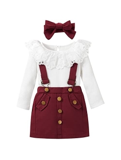 Weixinbuy Toddler Fall Outfits for Girls Ruffle Long Sleeve Ribbed T-Shirt Top+Suspender Skirt+Headband 3Pcs Clothes Set