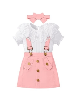 Weixinbuy Toddler Fall Outfits for Girls Ruffle Long Sleeve Ribbed T-Shirt Top+Suspender Skirt+Headband 3Pcs Clothes Set