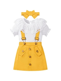 Weixinbuy Toddler Fall Outfits for Girls Ruffle Long Sleeve Ribbed T-Shirt Top+Suspender Skirt+Headband 3Pcs Clothes Set