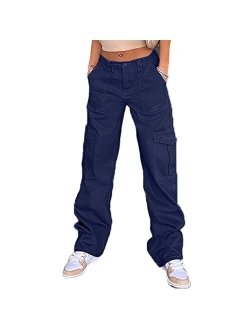 QYANGG High Waist Stretch Cargo Pants Women Baggy Multiple Pockets Relaxed Fit Straight Wide Leg Y2K Pants