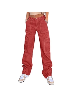 QYANGG High Waist Stretch Cargo Pants Women Baggy Multiple Pockets Relaxed Fit Straight Wide Leg Y2K Pants