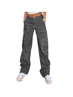 QYANGG High Waist Stretch Cargo Pants Women Baggy Multiple Pockets Relaxed Fit Straight Wide Leg Y2K Pants