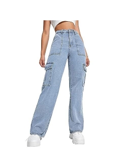 QYANGG High Waist Stretch Cargo Pants Women Baggy Multiple Pockets Relaxed Fit Straight Wide Leg Y2K Pants