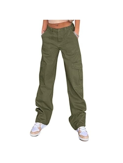 QYANGG High Waist Stretch Cargo Pants Women Baggy Multiple Pockets Relaxed Fit Straight Wide Leg Y2K Pants