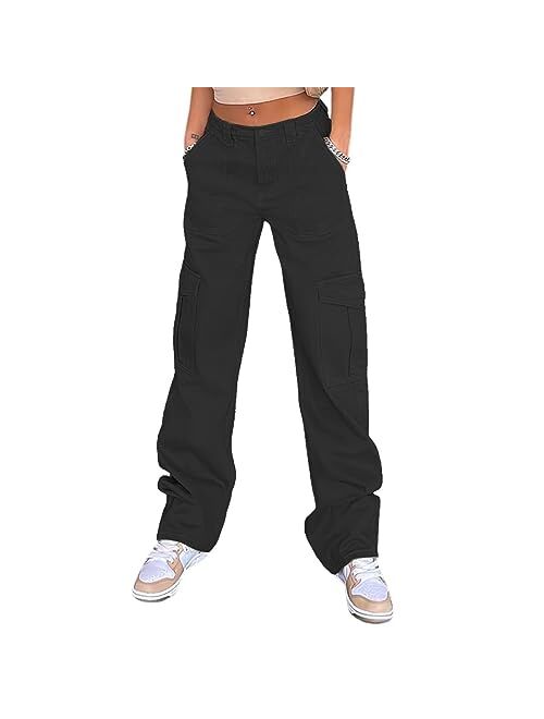 QYANGG High Waist Stretch Cargo Pants Women Baggy Multiple Pockets Relaxed Fit Straight Wide Leg Y2K Pants