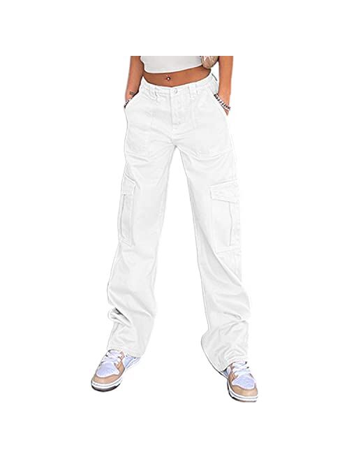 QYANGG High Waist Stretch Cargo Pants Women Baggy Multiple Pockets Relaxed Fit Straight Wide Leg Y2K Pants