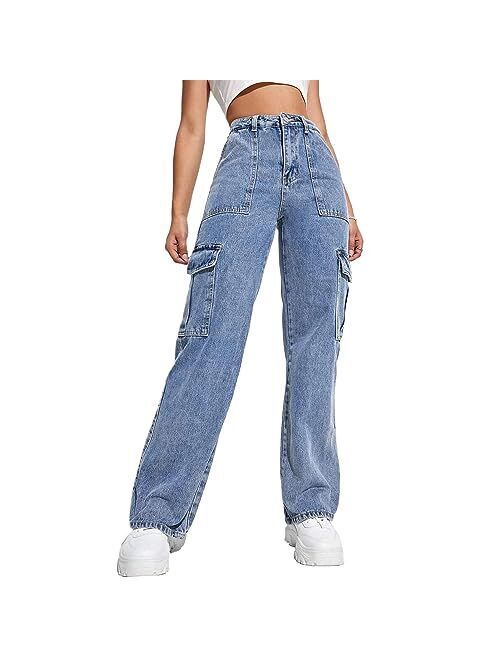 QYANGG High Waist Stretch Cargo Pants Women Baggy Multiple Pockets Relaxed Fit Straight Wide Leg Y2K Pants