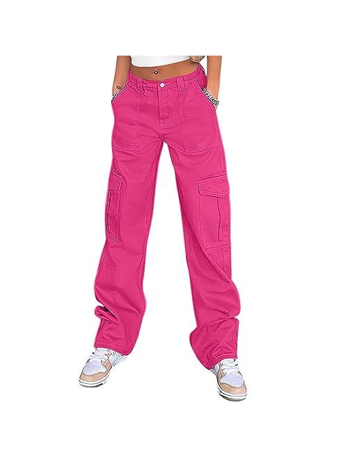 QYANGG High Waist Stretch Cargo Pants Women Baggy Multiple Pockets Relaxed Fit Straight Wide Leg Y2K Pants