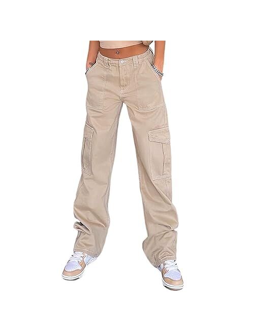 QYANGG High Waist Stretch Cargo Pants Women Baggy Multiple Pockets Relaxed Fit Straight Wide Leg Y2K Pants