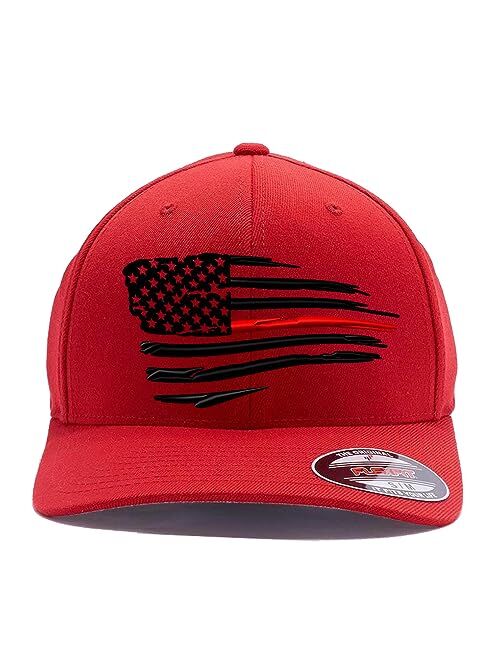 Flexfit Thin Red Line Waving USA Flag. Embroidered. 6477 Wool Blend Cap