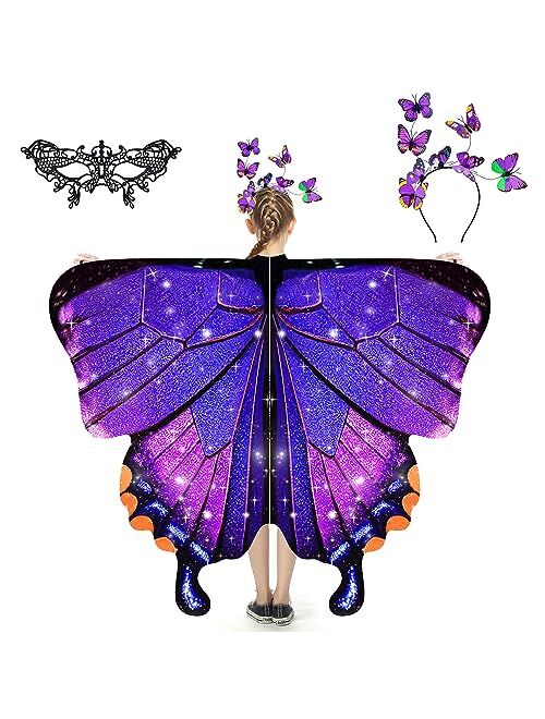 LYL. Ling Butterfly Wings For Girls, Butterfly Costume Blue Purple, Fairy Wings Shawl, Halloween Costumes For Kids