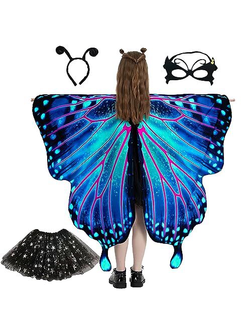 WhiteUniQoon Butterfly Costume Halloween Costumes for Girls Kids, Butterfly Wings Costume Cape Shawl for Girls Fairy Wing