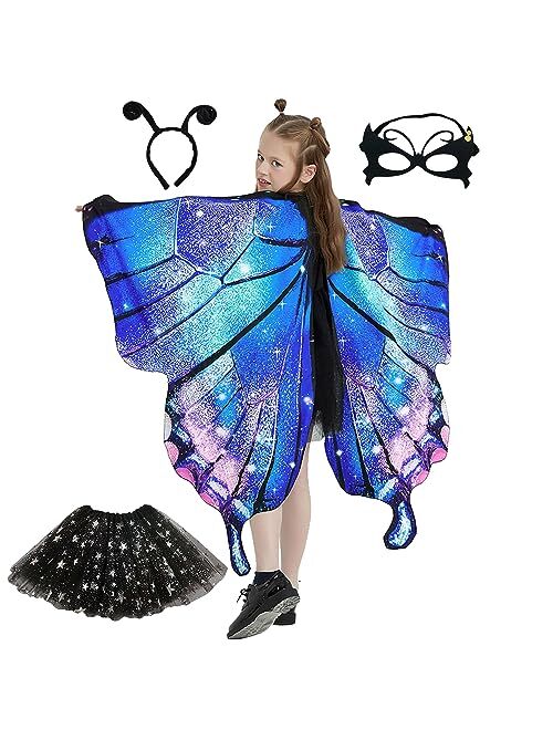 WhiteUniQoon Butterfly Costume Halloween Costumes for Girls Kids, Butterfly Wings Costume Cape Shawl for Girls Fairy Wing