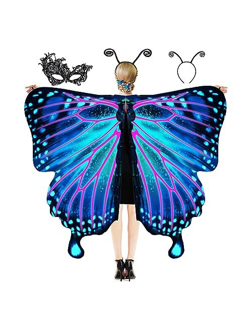 DawnHope Butterfly Wings for Women, Halloween Costume Adults Fairy Wings Ladies Cape with Mask and Antenna Headband