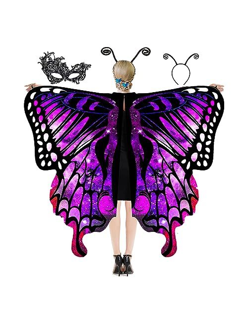 DawnHope Butterfly Wings for Women, Halloween Costume Adults Fairy Wings Ladies Cape with Mask and Antenna Headband