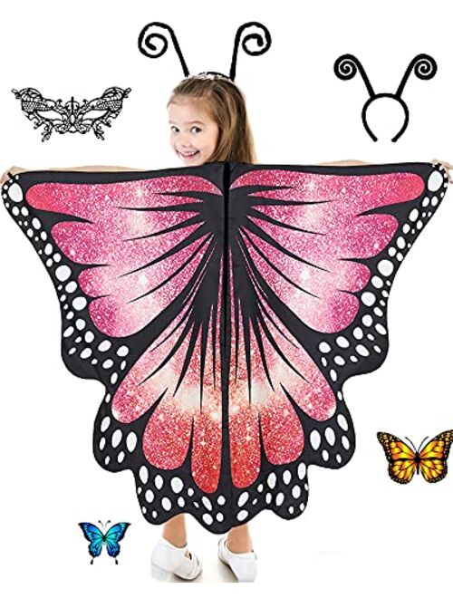 Hozhoy Butterfly Wings for Girls Butterfly Halloween Costume for Girls Butterfly Fairy Wings Shawl with Mask and Antenna Headband