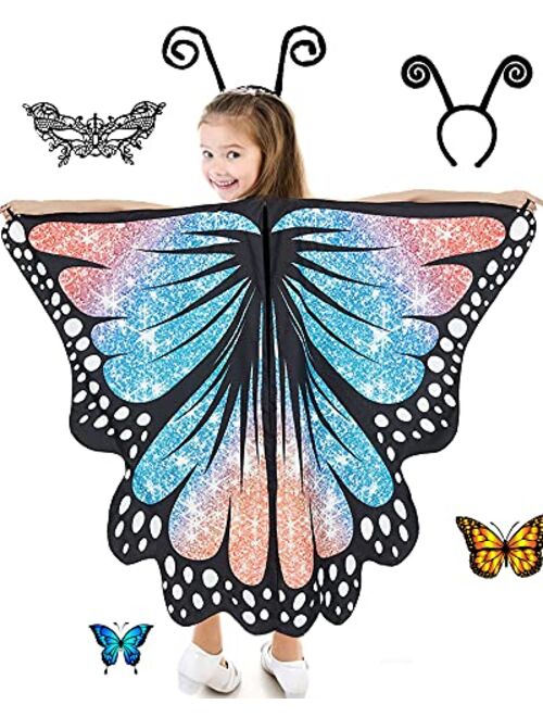 Hozhoy Butterfly Wings for Girls Butterfly Halloween Costume for Girls Butterfly Fairy Wings Shawl with Mask and Antenna Headband