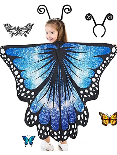 Hozhoy Butterfly Wings for Girls Butterfly Halloween Costume for Girls Butterfly Fairy Wings Shawl with Mask and Antenna Headband